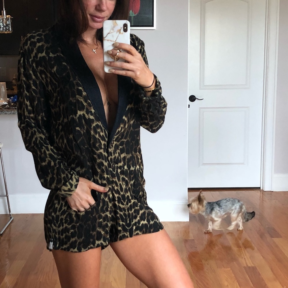Denim collared leopard romper